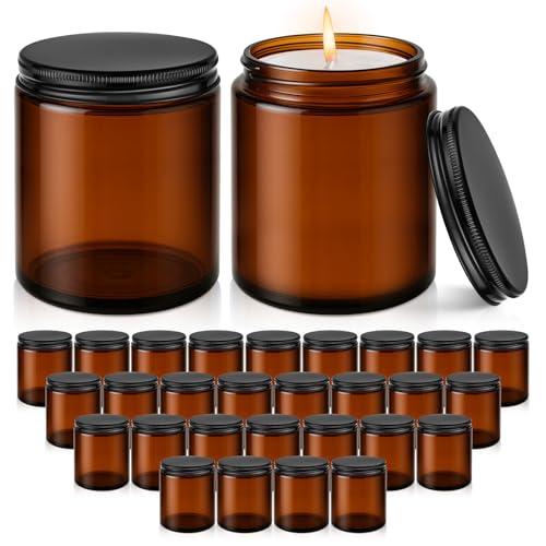 Tecohouse 8oz Glass Jars with Lids 30 Pcs Amber Candle Jars for Making Candles with White Labels & Inner Liners Empty Airtight Round Cosmetic Containers for Cream Spice Lotion Ointments Liquid