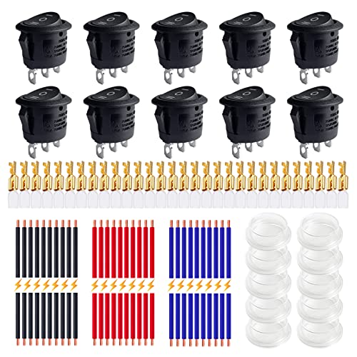 On/Off/On Round Rocker Switches, Ampper 3 Pin 12V DC & 250V/125V AC 20MM Round SPDT Toggle Switch with Wires, Terminals and Cover (Pack of 10)