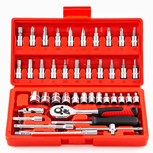 Jenley Socket Wrench Set Ratchet Sets Mechanic Tools Kit Bit Sockets For Automotive Repair & Household,Metric,1/4-Inch Drive 46-Piece #TOP7
