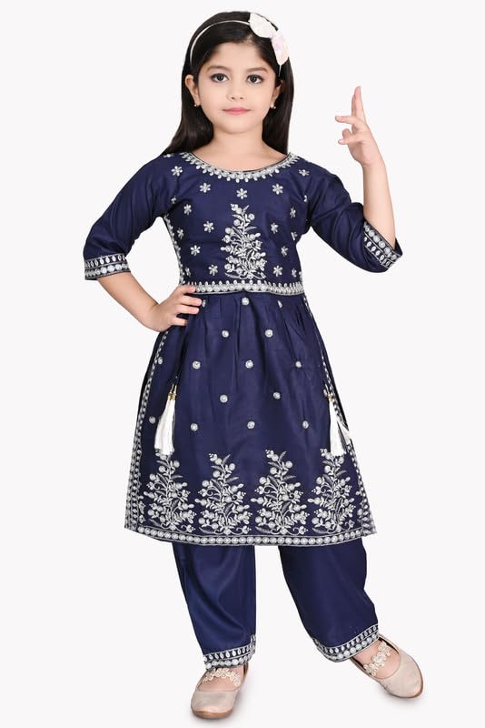 Image of Girls Ethnic Cotton Kurta and Straight Pant Set with Silky Dupatta