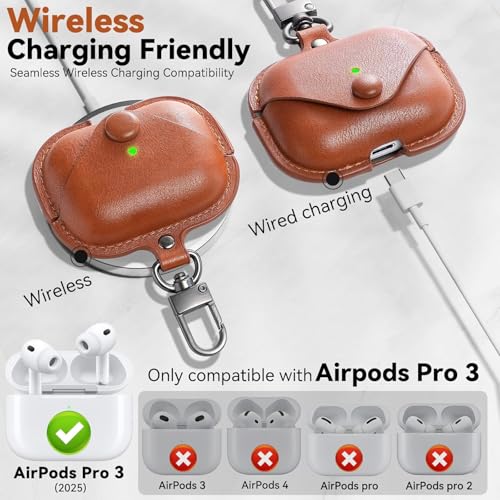 Image of Leather Case for AirPods Pro 3 (2025) | Premium Protective Cover with Snap Lock & Keychain | Shockproof Wireless Charging Compatible Case (Brown)