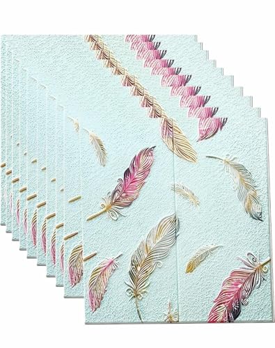 Image of KASHIVAL Self-Adhesive Waterproof PE Foam 3D Wall Panels Wallpaper Sticker for Bathroom, Living Room, Hotel and Home Decoration (70 x 70cm, Appx. 5.3Sq Feet) (JD Blue Feather)
