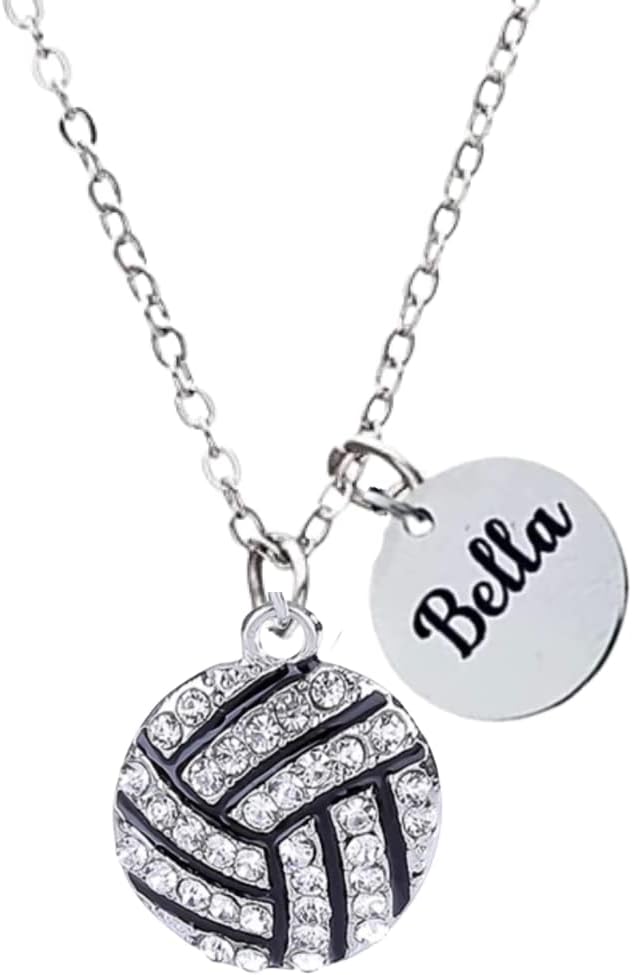 Volleyball Gift, Personalized Engraved Name Volleyball Necklace, Girls Custom Silver Rhinestone Volleyball Jewelry, Volleyball Gifts for Volleyball Players