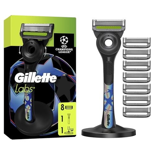 Gillette UEFA Champions League Special Edition Gillette Labs Rasoio A Mano Libera Con Barra Esfoliante, 1 Manico + 8 Lamette Di Ricambio, Include Base Magnetica Premium