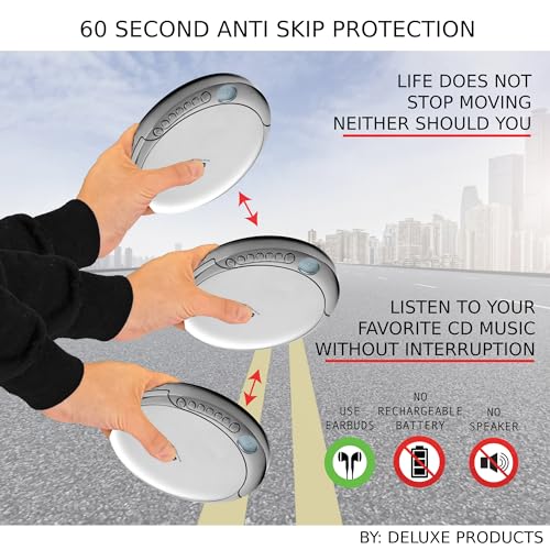 Image of Deluxe Products CD Player Portable with 60 Second Anti Skip, Stereo Earbuds, Includes Aux in Cable and AC USB Power Cable for use at Home or in Car. Silver
