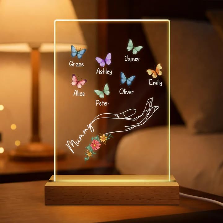 Personal Chic Custom Name Night Light -Acrylic Lamp with Butterfly, Personalised Mothers Day Gifts, Unique Personalised Gifts for Mum and Grandma (7 Kids)