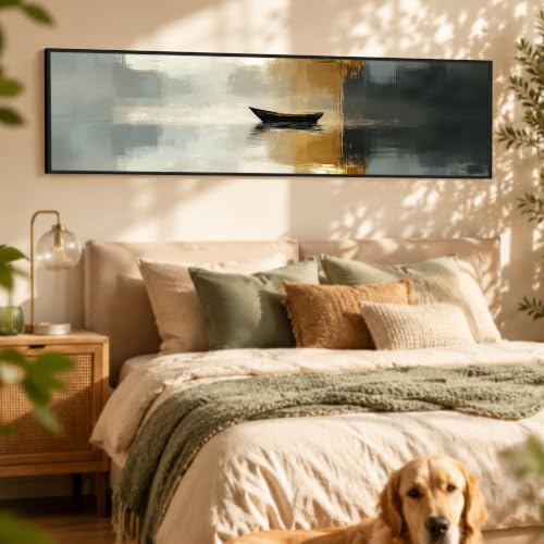 Image of Boat In The River Modern Abstract Art Wall Painting for Living Room, Home and Office Wall Decoration - 13x47 Inch