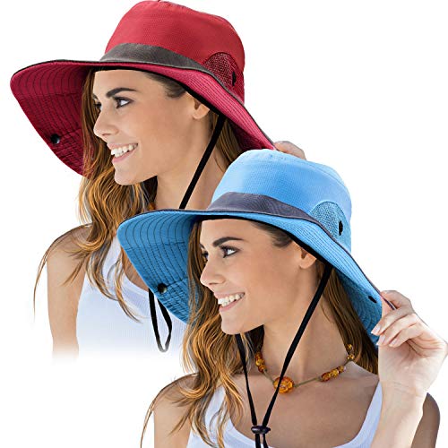 2 Pieces Women's Outdoor Sun Hat Uv Protection Foldable Mesh Wide Brim Beach Fishing Cap (Red, Blue) #TOP7
