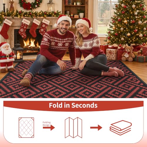 Image of GENIMO Outdoor Rug, Waterproof Plastic Rugs for Patio, 6'x9' Red Grey | Outside Larger Modern Carpet Mat for Porch Decor, Deck, Balcony, Camping, RV, Backyard, Picnic, Beach, Reversible, Foldable