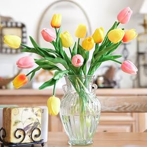 Fiveseasonstuff 15 stems real touch artificial tulipslifelike faux flowers for home weddings gifts spring floral decor festive bloomorange yellow pink  urban country home decor