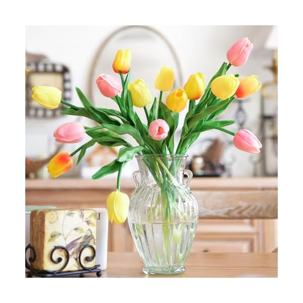 Fiveseasonstuff 15 stems real touch artificial tulipslifelike faux flowers for home weddings gifts spring floral decor festive bloomorange yellow pink  urban country home decor