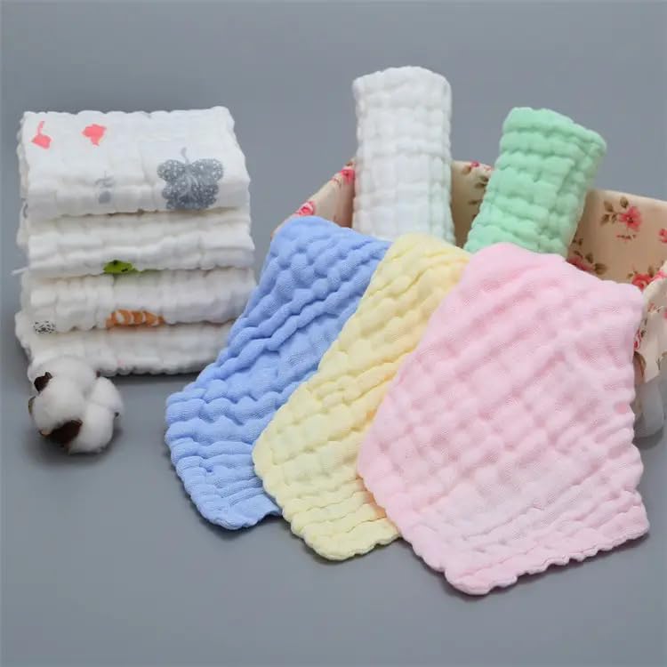 Image of Premium Muslin Baby Burp Cloths - Ultra Soft & Absorbent, 6 Layers for Newborns & Infants - Pack of 5 /10 - Baby Essentials for Baby Feeding (Plain Multicolour and White Printed, Pack of 10)