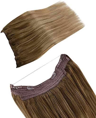 LaaVoo Wire Hair Extensions Human Hair 20 Inch Wire Human Hair Extensions Brown Balayage Light Brown with Blonde Invisible Fishing Line 106g — view 6