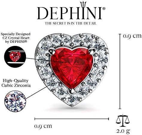 DEPHINI - Red Heart Earrings - 925 Sterling Silver - Fine Jewellery Stud Earrings for Women - Rhodium Plated - Cubic Zirconia