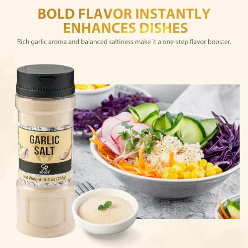 Soeos Garlic Salt 9.5 Ounce(270g), Garlic Salt Seasoning, Non GMO, Gluten Free, Ideal for Adding Flavor to Soups, Breads, Vegetables, Meats and More