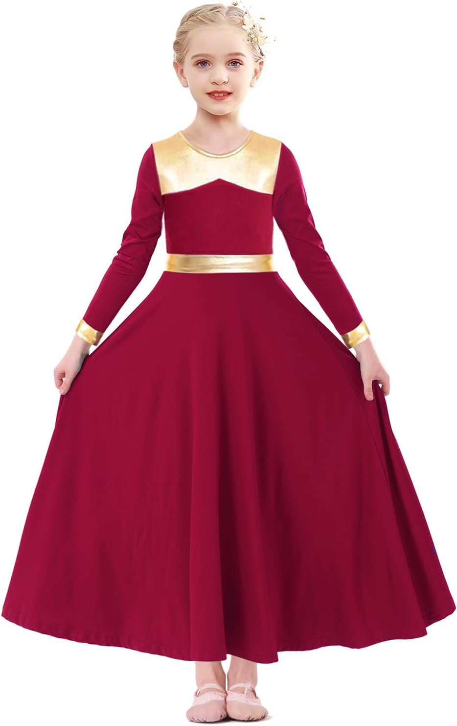Girls Parise Dance Dress Long Sleeve Loose Fit Liturgical Worship Costume Metallic Gold Church Robe