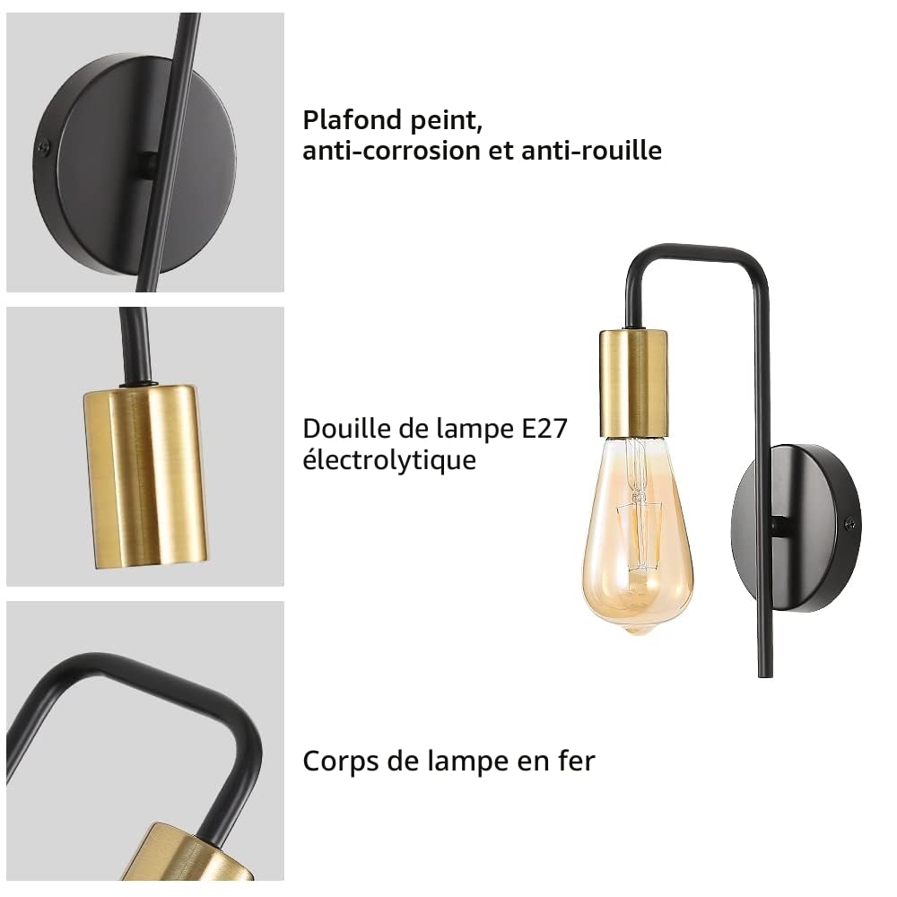 Osairous Applique Murale Vintage 2 Pack, Lampe Murale Intérieur Industrielle, Spot Mural Fer Rétro pour Chambre Couloir Bar, E27, IP20, Noir, Sans Ampoule