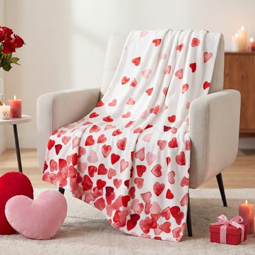 Horaldaily Valentine Flannel Blanket Throw, Red Love Hearts Soft Fuzzy Plush Cozy Fleece Blankets for Couch Sofa Bed Lounging, Ideal Gifts for Kids Adults Wife Self, 50x60