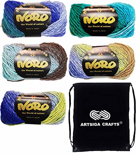 Noro Kureyon Knitting Yarn Color #344 Zentsujl Worsted Weight #4, 100% Wool, 5 Skeins Per Pack (Same Dyelot), Hand-Dyed By World Of Nature Artist Eisaku Noro, Bundled With Artsiga Crafts Project Bag #TOP5