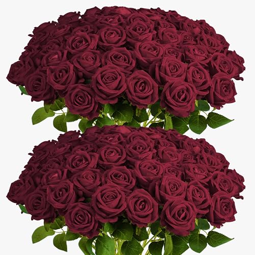 Auihiay 60PCS Burgundy Artificial Roses Bulk Velvet Silk Fake Roses Lifelike Burgundy Faux Rose for Fathers Day Wedding Centerpieces Cake Bridal Bouquets Anniversary Home Decorations