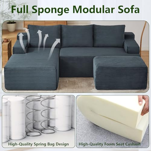 Image of 96.1 inch Modular Sectional Sofa with Ottoman, Modern Corduroy Cloud Couch, Boneless Couch Upholstered 3-Seater U-Shaped Sofa for Living Room, No Assembly (Dark Grey, Right-Facing Chaise)