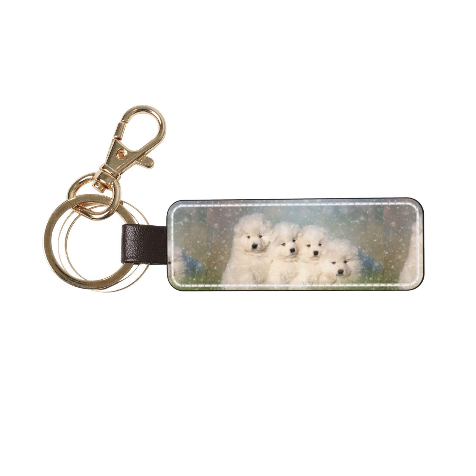 Ywsotre Unisex As Picture Samoyed Puppies White Dogs Family Small Samoyed, Pu Leather Keychain,Keyring Key Chain Ring Holder Organizer 1 Pc