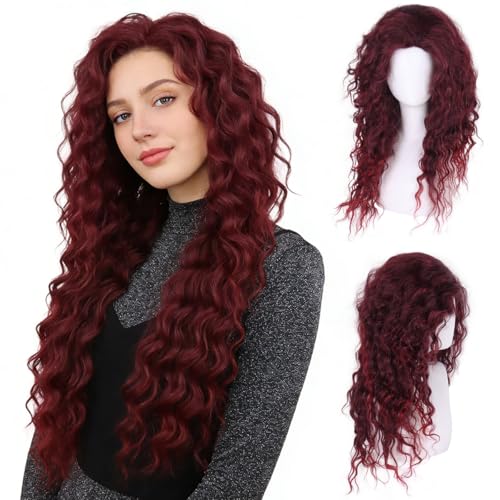 Image of GNIMEGIL Long Curly Burgundy Red Wigs for Women in Synthetic Fiber Body Wave Hairstyles with Natural Parting, Fluffy Volume Wig for Cosplay, Halloween, Themed Parties & Daily Style
