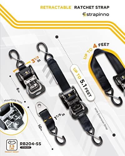 Strapinno 2Pcs Stainless Steel Retractable Ratchet Straps (1 7/8 In X 4 Ft) Heavy Duty Transom Tie-Downs With Extension Straps, Bolt Set & Safety Latch S-Hooks,For Boat #TOP2
