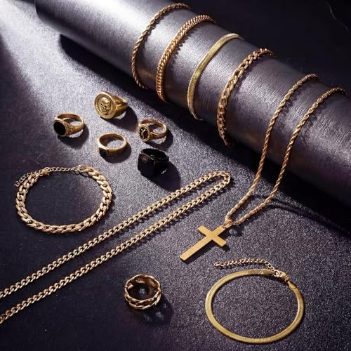 Kigeli 15 Pcs Gold/Silver Jewelry Set for Men Cross Pendant Necklace Cuban Bracelet Vintage Ring Gothic Hip Hop Jewelry Set - Image 5
