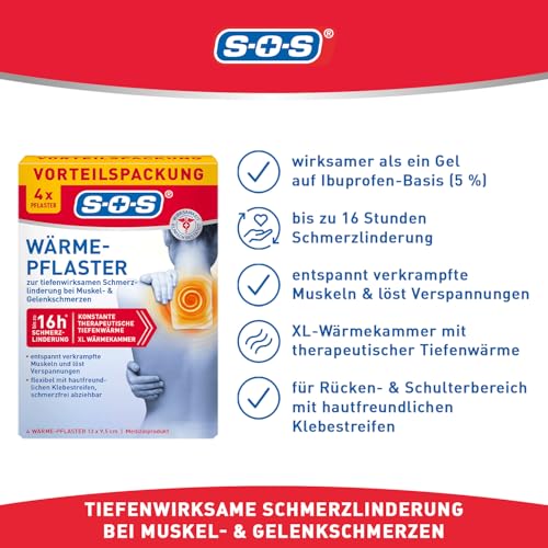 SOS Wärme-Pflaster (4 Stk.) - bei Muskel & Gelenkschmerzen | Wärmepflaster für Rücken, Nacken & Schultern | lösen Verspannungen mit 8h Tiefenwärme
