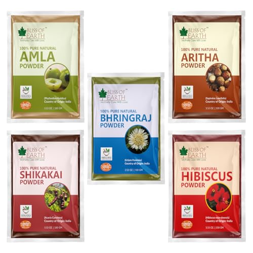 Image of Bliss of Earth Amla Reetha Shikakai Bhringraj Hibiscus Powder - Natural Hair Growth & Hair Mask - 100gm Each, Pack of 5