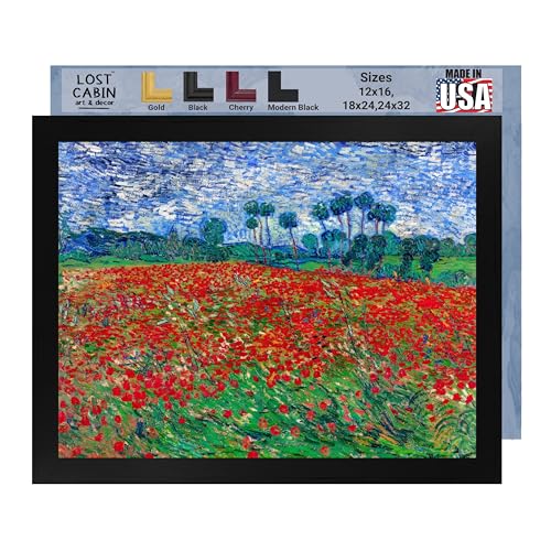 Lost Cabin Poppy Field June 1890 by Vincent Van Gogh | Print in Black Flat Frame | Fine Artwork Painting Reproduction | 