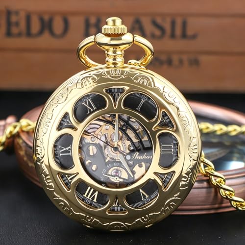 Image of Black and Silver Roman Numeral Dial Mens Mechanical Moon Phase Design, Moon Sun Pattern Skeleton Mechanical Pocket Watches for Men with Case and Chain - Black
