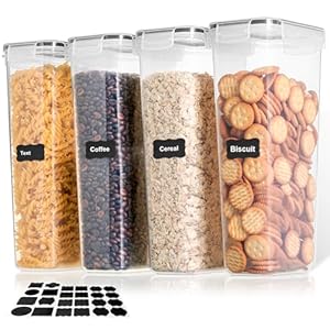Cozary 2.8L Contenitori Ermetici per Alimenti 4 Pezzi, Contenitori per Alimenti Plastica Con Etichetta, Senza BPA,Barattoli Ermetici Alimentari per Pasta, Cereali, Muesli, Farina