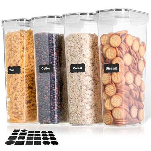 Cozary 2.8L Contenitori Ermetici per Alimenti 4 Pezzi, Contenitori per Alimenti Plastica Con Etichetta, Senza BPA,Barattoli Ermetici Alimentari per Pasta, Cereali, Muesli, Farina