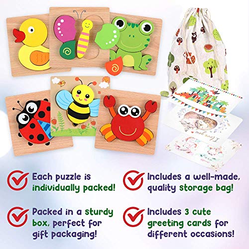 Wooden Puzzles for Toddlers - Educational Playset in Animal Pattern Shapes with Vibrant Colors, Set of 6 Brain Building Peg Puzzles for Boys and Girls with Drawstring Storage Bag