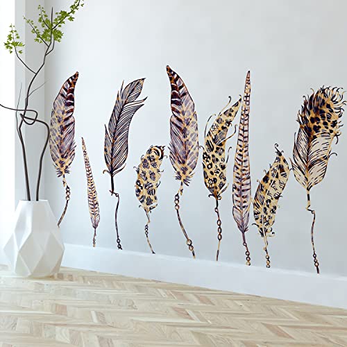 Vepret 9 Pcs Leopard Feathers Wall Decals Peel And Stick, Large Vintage Cheetah Feather Vinyl Wall Stickers, Removable Bohemia Plume Home Decor Art For Bedroom Living Room Classroom Office #TOP1