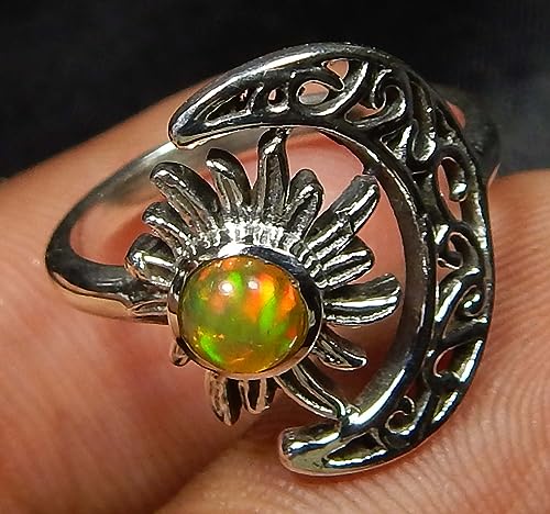 Image of Crescent Moon And Sun Natural Ethiopian Multi Fire Opal Ring 925 Sterling Silver Ethiopian Opal Ring Jewelry Vintage Ring Gift For Her