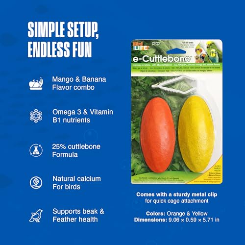 Image of Penn-Plax Bird-Life E-Cuttlebone Flavored, 1 Pack (2 Counts) - Mango & Banana - Durable, Less Brittle Cuttlebones Enriched with Omega 3 & Vitamin B1 - Cage Clip - for All Bird Sizes - Mango & Banana