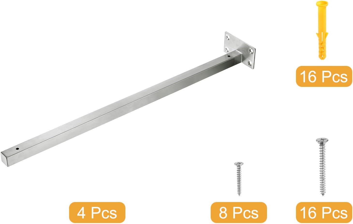 uxcell Floating Shelf Bracket,4 Pack 20 Inch Stainless Steel Hidden Wall Mounted Shelf Supports with Screws and Expansion Tube for Wood Shelves, Hanging in Office, Living Room (Silver)