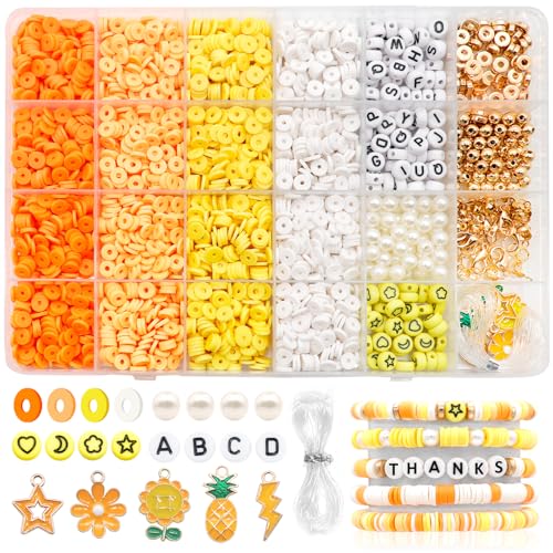 Dotilili 3164 Pcs Friendship Bracelet Making Kit, Orange Yellow Polymer Clay Beads with Letter Beads & Charms