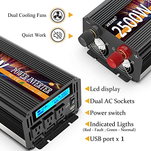 Jarxioke 2500W Power Inverter 12V Dc To Ac 110V/120V (Peak) 5000W Converter 3 Sockets Car Inverter With Remote Control And Led Display 3.4V Usb Port #TOP4