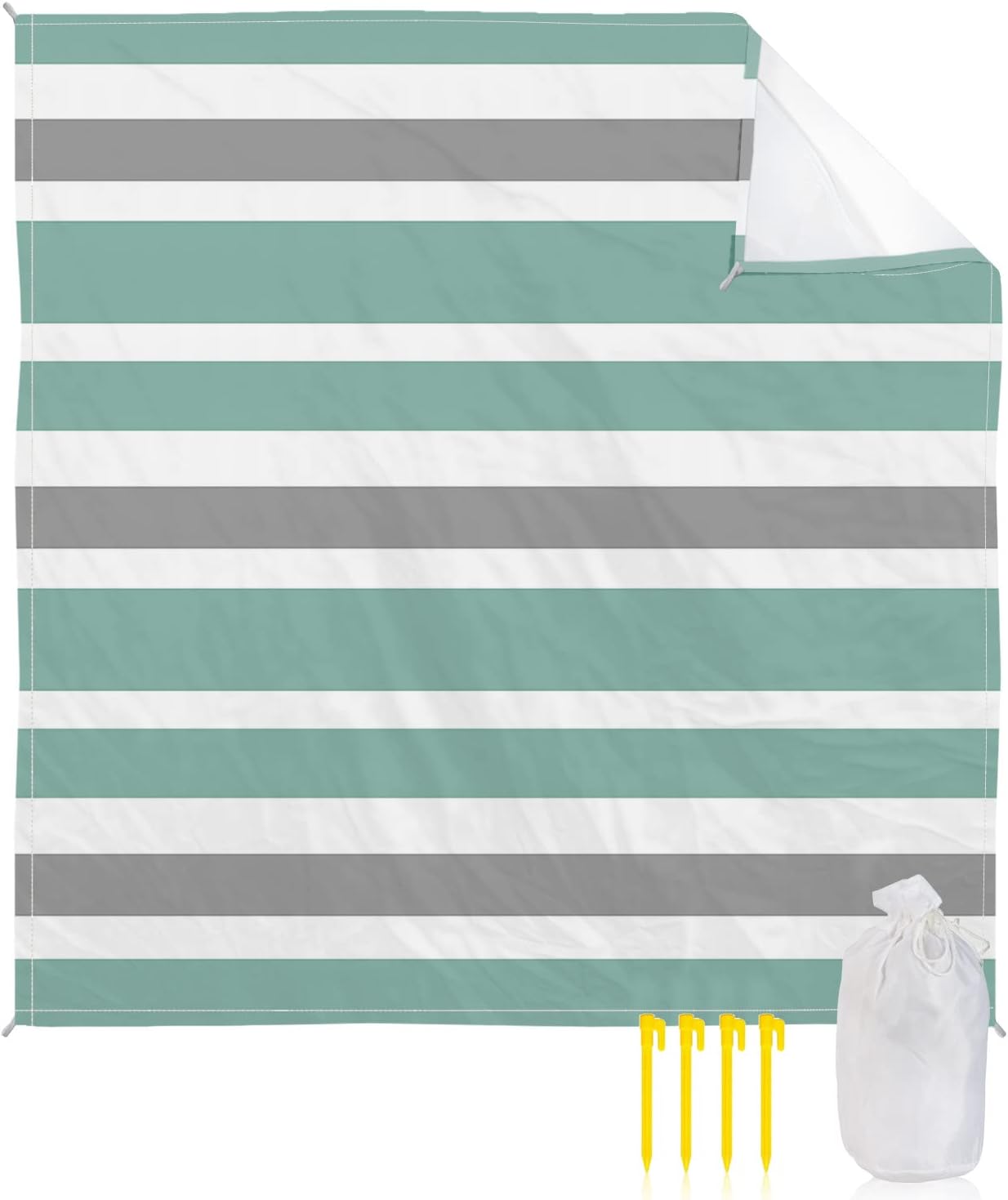 Teal Grey White Stripes Beach Blanket Waterproof Sandproof Outdoor Picnic Mat 95"x80" Minimalist Striped Lightweight Large Beaach Blankets with 4 Stake & 4 Corner Pockets
