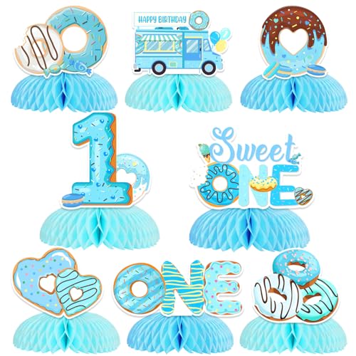 Décorations 1er anniversaire donut : 8 centres de table en nid d'abeille garçon