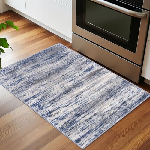 KOZYFLY Modern Abstract Rugs for Entryway 2x3, Washable Kitchen Rug Non-Slip Soft Small Bathroom Rug, Grey-Blue Striped Entryway Rugs Abstract Faux Wool Doormat for Bedside Entrance Bedroom Sink