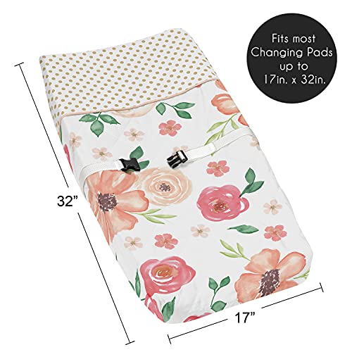 Image of Sweet Jojo Designs Peach, Green and Gold Changing Pad Cover for Watercolor Floral Collection - Pink Rose Flower
