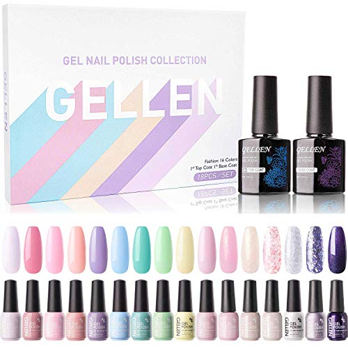 Gellen 16 Colors Gel Nail Polish Kit - With Top Base Coat Bright and Cute Collection Vibrant Shiny Glitters Sparkles Nail Art Design Shades , Popular UV Nail Gel Polish Home Gel Manicure Set