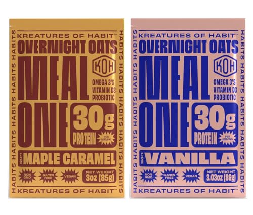 Kreatures of Habit MEAL ONE | Overnight & Instant Superfood Protein Meal Replacement | Gluten Free, Dairy Free, 30g of Plant Based Protein, 7 Packs of Each | Maple Caramel and Vanilla