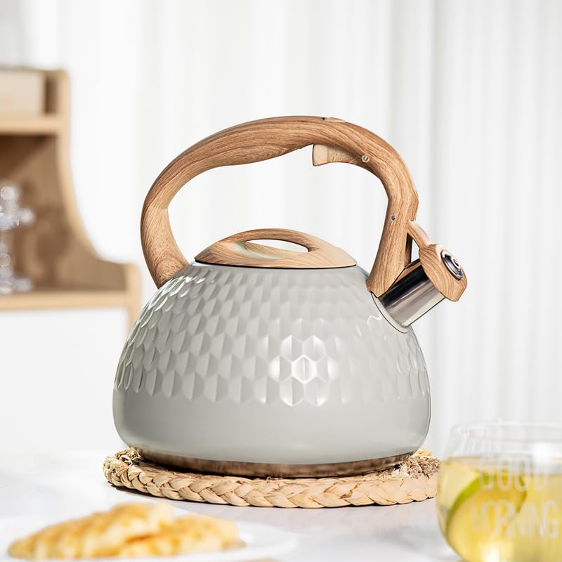 Image of Tea Kettle, 2.7 Quart with Wood Pattern Handle Loud Whistle Food Grade Stainless Steel Teapot, Anti-Hot Handle and Anti-Rust, Suitable for All Heat Sources