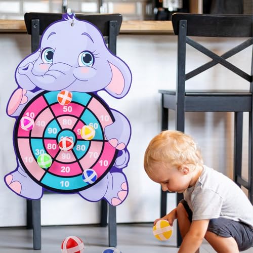 Image of Dart Game for Kids, Indoor Games for Kids with Sticky Balls, Target Board Game for Hand-Eye Coordination, Fun Gift for Boys Age 8-10 Years, Soft Board with 3 Balls and Purple Elephant Hook